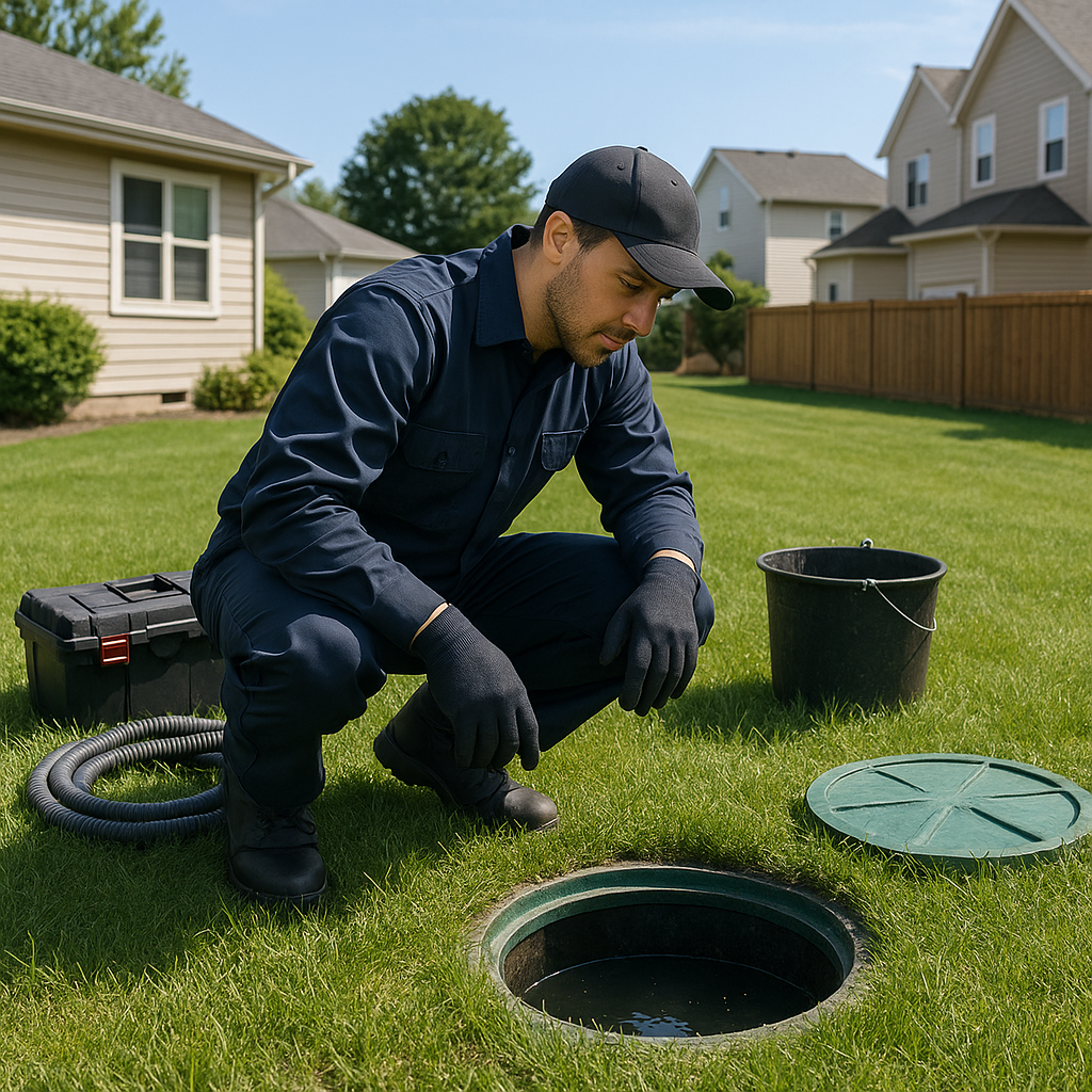 Septic technician inspecting system at a Alpharetta home